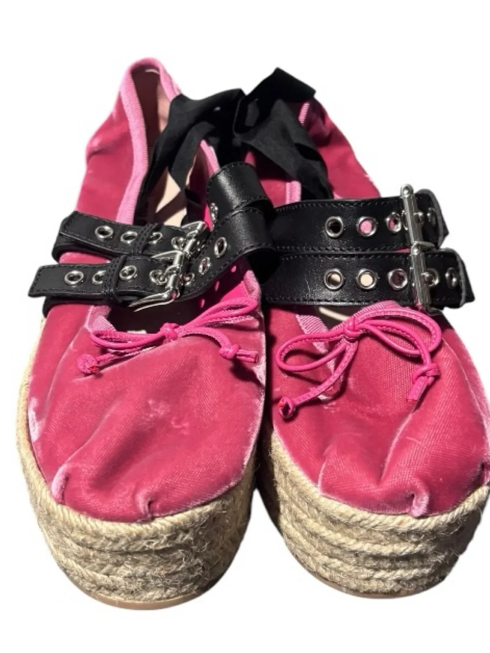Miu Miu Pink Velvet Platform Double Buckle Espadrille Ballet Shoes